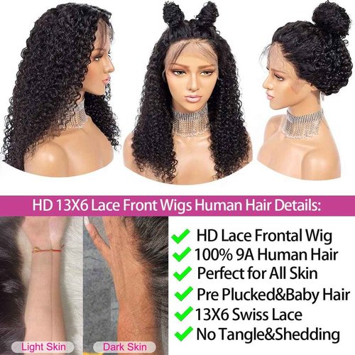 SYHGK 13x6 Deep Wave Lace Front Wigs Human Hair Wigs HD Transparent Deep Curly Lace Frontal Glueless Wigs Human Hair Lace Front Wigs Pre Plucked 200% Density Natural Black 24 Inch