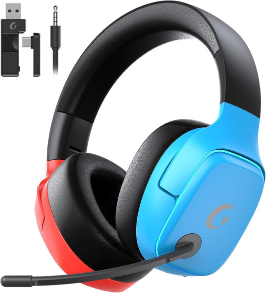 2.4GHz Wireless Gaming Headsets for PS5, PS4, PC, Switch - Bluetooth 5.3 Gaming Headphones with Noise Canceling Mic, 7.1 Surround Sound, 70H Battery, Blue Lighting - White