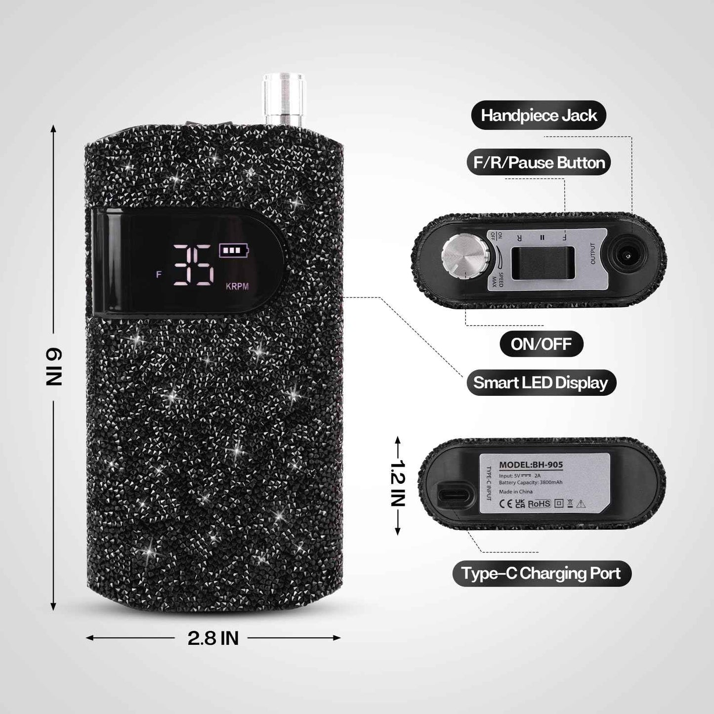 Lavinda Professional Electric Nail Drill Kit, 35000RPM Cordless Portable Machine for Acrylic Gel Nails, Rechargeable E File With Black Rhinestones, Manicure Tools (Black)