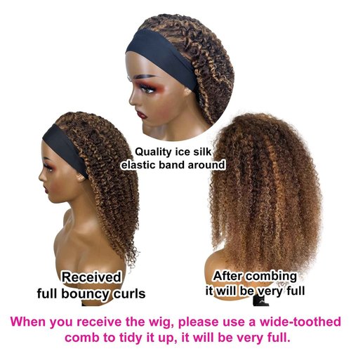 Ombre Highlight Headband Wig Human Hair #4/27 Colored Kinky Curly Headband Wig for Black Women Glueless None Lace Front Human Hair Wigs Brazilian Virgin Hair Wear and Go Wigs 150% Density 26 Inch