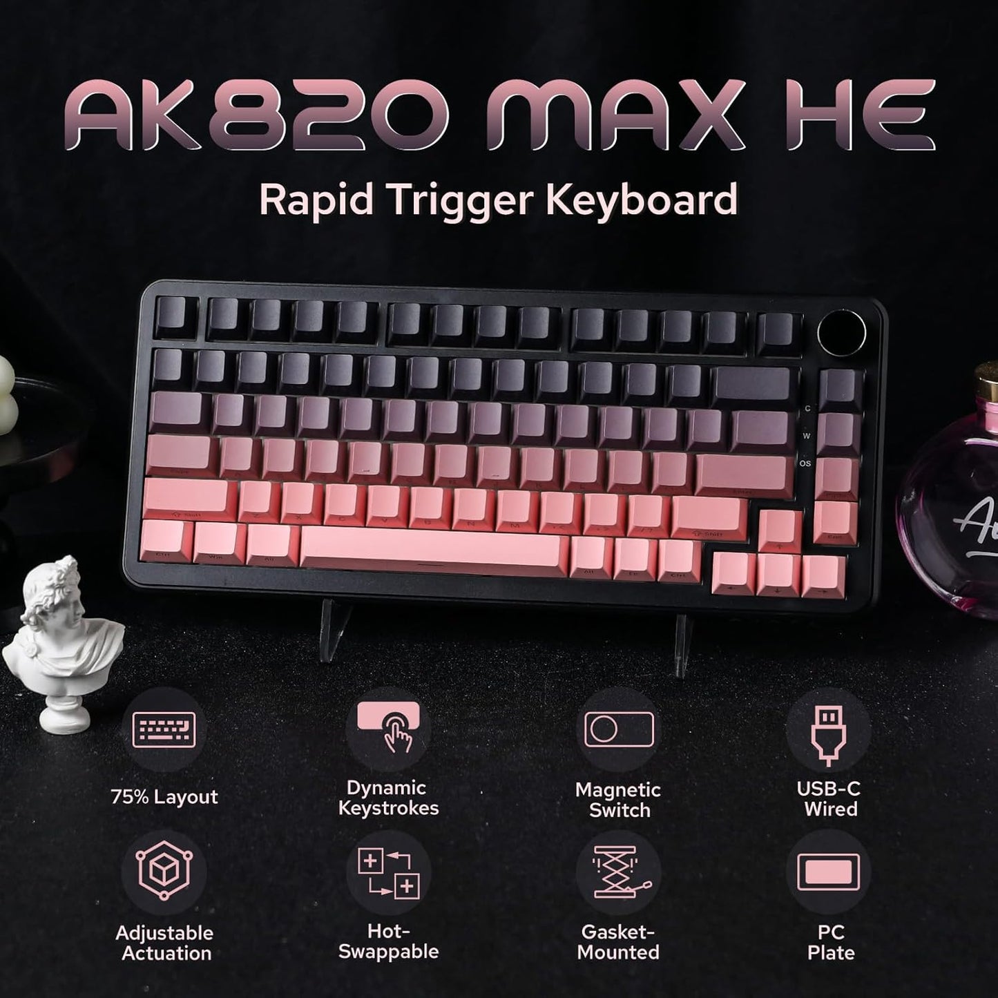 AJAZZ AK820 MAX HE Hall Effect Magnetic Gaming Keyboard, Adjustable Actuation, 8KHz Polling Rate, Wired Rapid Fast Keyboard, Creamy Gasket, RGB Backlight, NKRO for Win/Mac (Black)