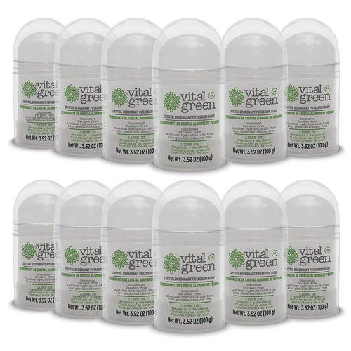 Vital Green Crystal Potassium Alum Deodorant – Unscented Mineral Deodorant For Men, Women And Athletes -3.53oz / 100 g (12 Units)