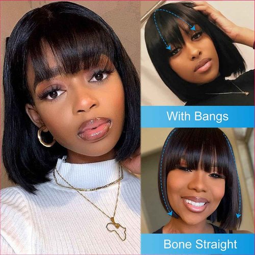 ROSELINE Short Bob Wig Human Hair Glueless HD 1X3 Lace Closure Human Hair Bob Wig With Bangs For Black Women (12Inch)