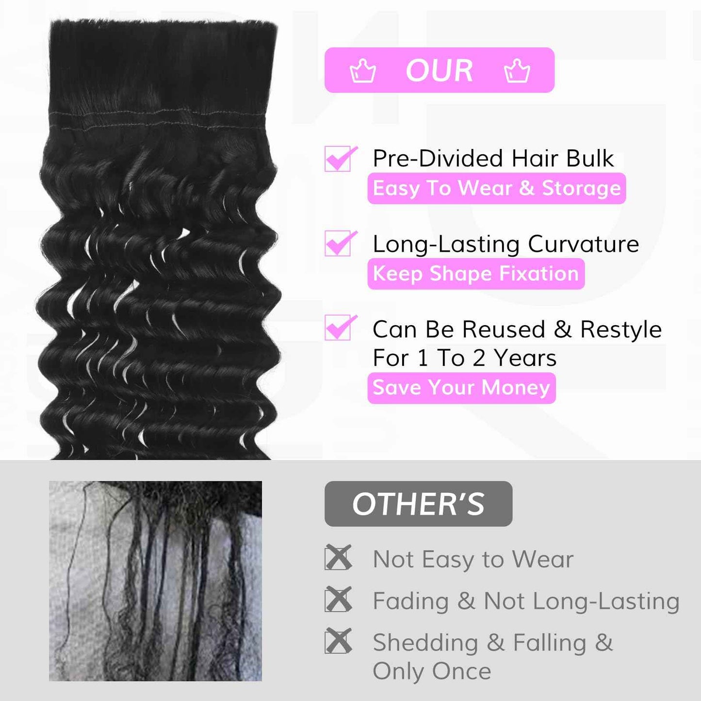 IDN BEAUTY Pre Divided Human Braiding for Boho Braids Hair Extensions, 24 Inch 100g Natrual Black Deep Wave Human Hair for Braiding Bohemian No Weft 12A Virgin Brazilian Wet and Wavy