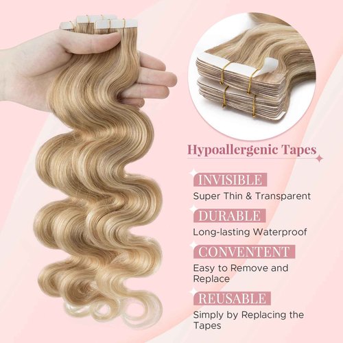 SEGOHAIR Wavy Tape In Hair Extensions Real Human Hair with Double-Sided Adhesive Professional Hair Extensions for Women 40pcs Body Wave 18 Inches Dark Blond Mixed Bleach Blond