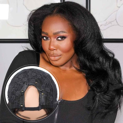 U Part Wig Human Hair Kinky Straight Wigs for Black Women, 14 inch Italian Yaki Straight Half Wig Upgrade U Shape Clip in Wigs Remy Human Hair Extension