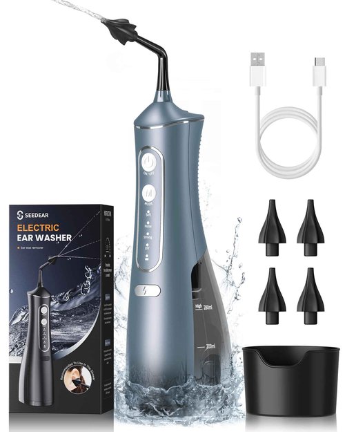 SEEDEAR Electric Ear Wax Removal Kit, Ear Wax Cleaner with 4 Water Pressure Modes, Ear Cleaning Kit Safer and More Effective Ear Irrigation Flushing System, Earwax Removal Tool with 4 Nozzles (Grey)
