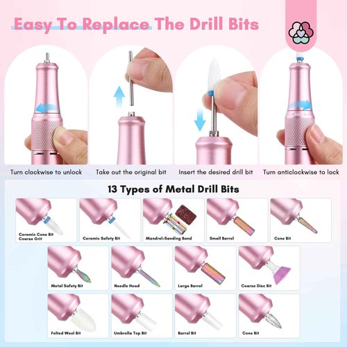 SAVILAND Portable Electric Nail Drill: 40000 RPM Rechargeable Electric Nail File for Acrylic Nails Professional with Ceramic Corn Head Nail Drill Bits for Nails Manicure Tools & Pedicure Kit Salon Use