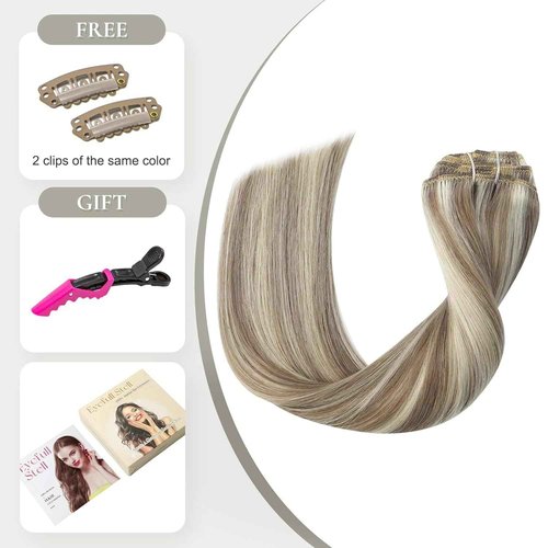 EYEFULL STELL Clip in Hair Extensions Real Human Hair 16 inch 120g 7PCS Natural Straight Remy Ash Brown Highlights Platinum Blonde Clip on for Women Invisible Double Weft Layered Thick Clip ins Hair