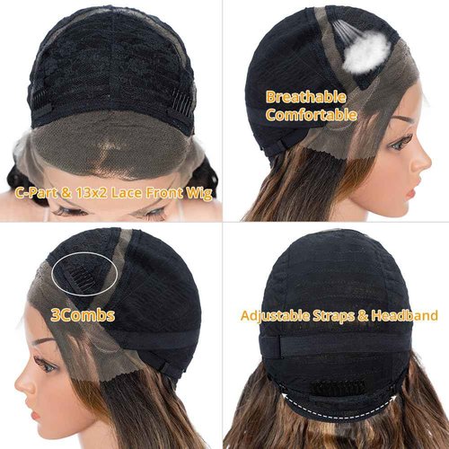 Style Icon 13x2 Highlight Lace Front Free Part Wig 24?Updo U Part Lace Frontal Long Wavy Wig With Bangs High Temperature Synthetic Hair(24 Inches, HI-PECAN)