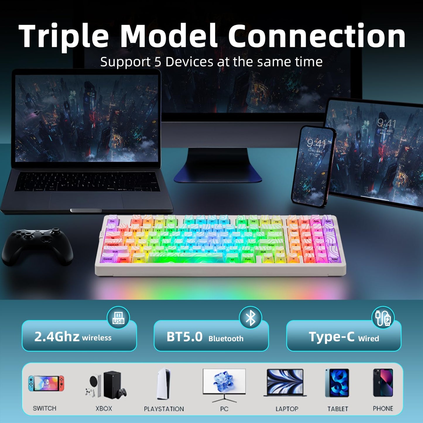 ZORNHER ZH980 Wireless Mechanical Gaming Keyboard,95% White Hot-Swappable Custom Creamy Keyboard with Number Pad,Shine Though IMD PC Keycaps,Pre-lubed Linear Switches,RGB Backlit