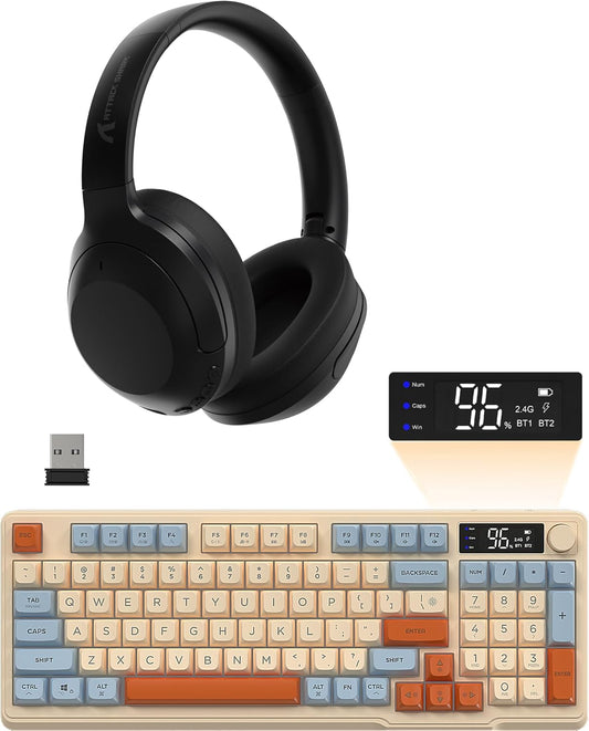 Attack Shark G300 Headset and M96 Wireless Gaming Keyboard,Knob Control BT/2.4G Wireless Keyboard,RGB LED Backlit with Display Screen,PBT Keycap,2000mAh,94-Key Layout for Win/Mac-Black and Blueberry
