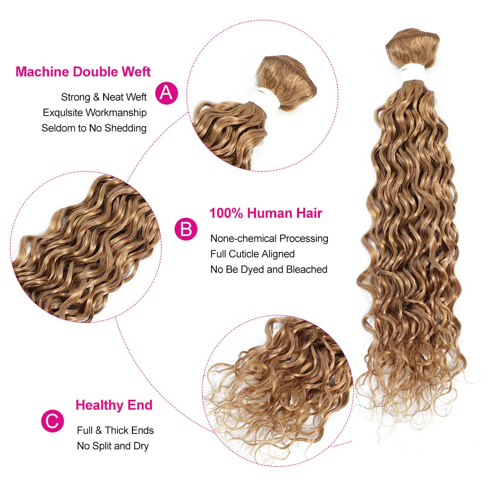 Honey Blonde Water Wave Bundles (24inch,1PC) Brazilian Curly Human Hair Bundles 9A 100% Remy Human Hair Weave Extensions