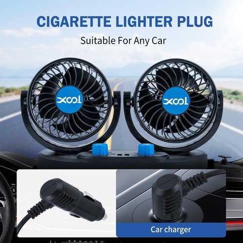 XOOL 12V Car Fan, 360 Degree Rotatable Electric Car Fans, 2 Speed Dual Head Fans with 2 USB Charging Ports, Quiet Strong Cooling Air Fan for Truck Vehicle Boat Van SUV RV