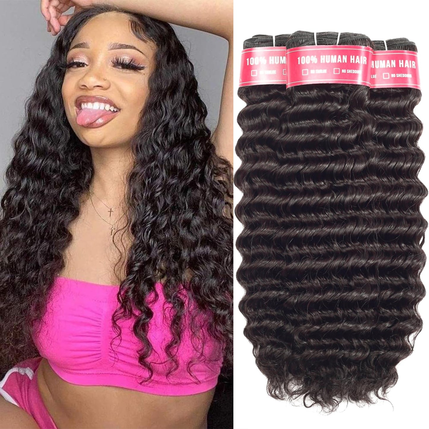 LUXEDIVA 12A Deep Wave Bundles Human Hair 16 18 20 Inchs Human Hair Bundle 100% Unprocessed Brazilian Curly Wet Wavy Texture 3 Bundles Deep Wave Natural Black