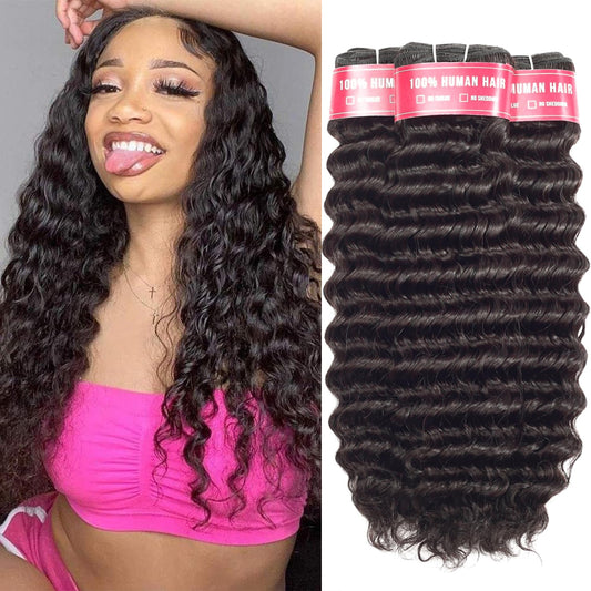 LUXEDIVA 12A Deep Wave Bundles Human Hair 16 18 20 Inchs Human Hair Bundle 100% Unprocessed Brazilian Curly Wet Wavy Texture 3 Bundles Deep Wave Natural Black