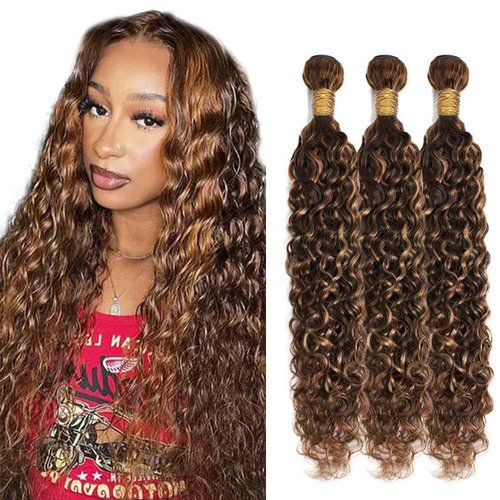 P4/30 Highlight Brown Bundles Human Hair Water Wave Bundles 34 34 34 Inch Unprocessed Brazilian Virgin Hair Weave 3 Bundle 50 Grams Per Bundle Chocolate Human Hair Extensions