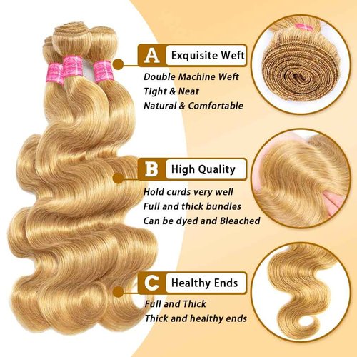 WigTune Honey Blonde Body Wave Bundles Human Hair 12A Raw Hair NO.1 Color 27 Bundles Human Hair 16 18 20 Inch 100% Unprocessed Brazilian Virgin Hair for Black Women