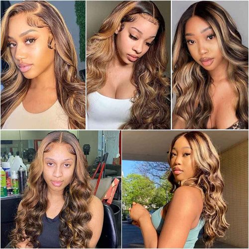 Manorshen Body Wave Ombre Highlight Transparent Lace Frontal Wigs Brazilian Virgin 13x4 Lace Front Glueless Brazilian Human Hair for Women With Baby Hair (Highlight 4/27, 30 Inch)