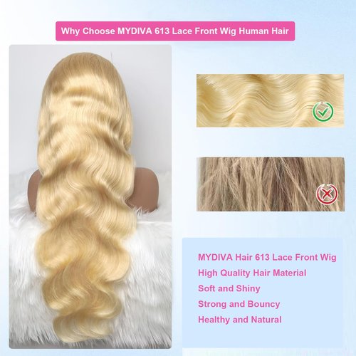 MYDIVA 613 13x6 Lace Front Wig Human Hair Body Wave Blonde Wig Human Hair 200% Density 613 HD Lace Frontal Wig Blonde Lace Front Wigs Human Hair Pre Plucked Glueless 613 Wig 22 Inch
