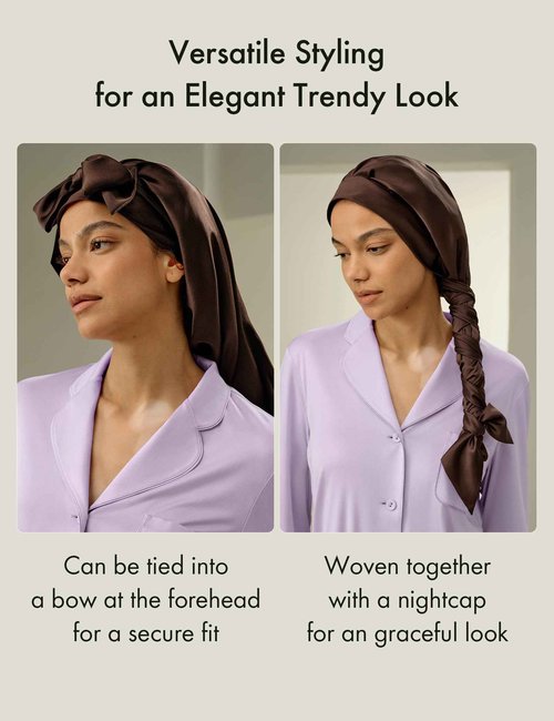 LilySilk 100% Mulberry Silk Sleep Cap Women Extra Long Tie Bow Silk Bonnet Night Hair Wrap Chocolate Brown
