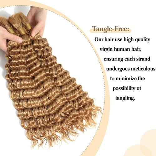 Fabimiya Deep Curly Braiding Human Hair 100g 20 Inch Color 27 Honey Blonde Deep Water Wave Bulk Human Hair for Braiding 10A No Weft Brazilian Virgin Deep Curly Human Hair Extensions for Boho Braids