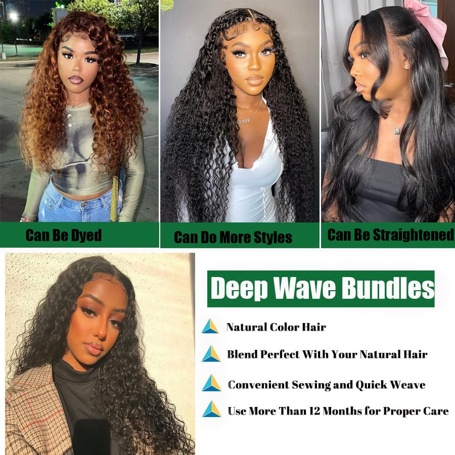 12A Virgin Deep Wave Human Hair Bundles 18 20 22 Inch Curly Bundles Human Hair 100% Unprocessed 3 Bundle Brazilian Human Hair Extensions Quick Weave Natural Black Color