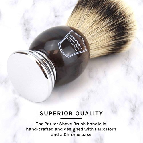Parker 100% Silvertip Badger Shaving Brush – Faux Horn Handle, Long Loft 22 mm Knot, Chrome Base + Resin Stand – Rich Lather, Sensitive Skin Friendly