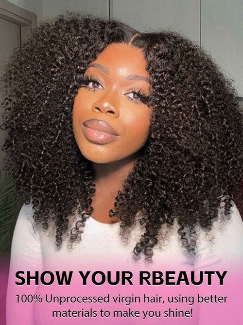 V SHOW Afro Kinky Curly Wear and Go Glueless Wigs Human Hair Pre Plucked Pre Cut 7x5 HD Lace Front Wigs Pre Bleached Bye Bye Knots 180% Density Afro Curly Lace Closure Wig Human Hair for Women 18 Inch