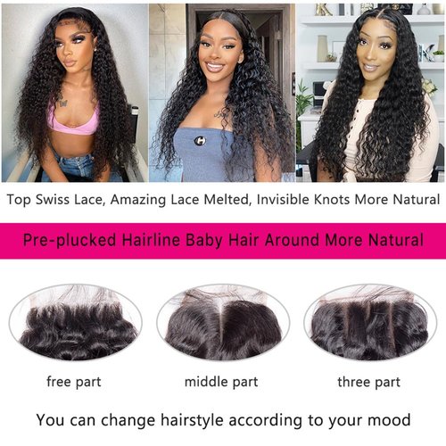 Deep Wave Bundles with Closure (12 14 16+10，Free Part) 100% Unprocessed Brazilian Virgin Hair Weave Bundles with Lace Closure Curly Virgin Human Hair Weft Natural Color for Black Women