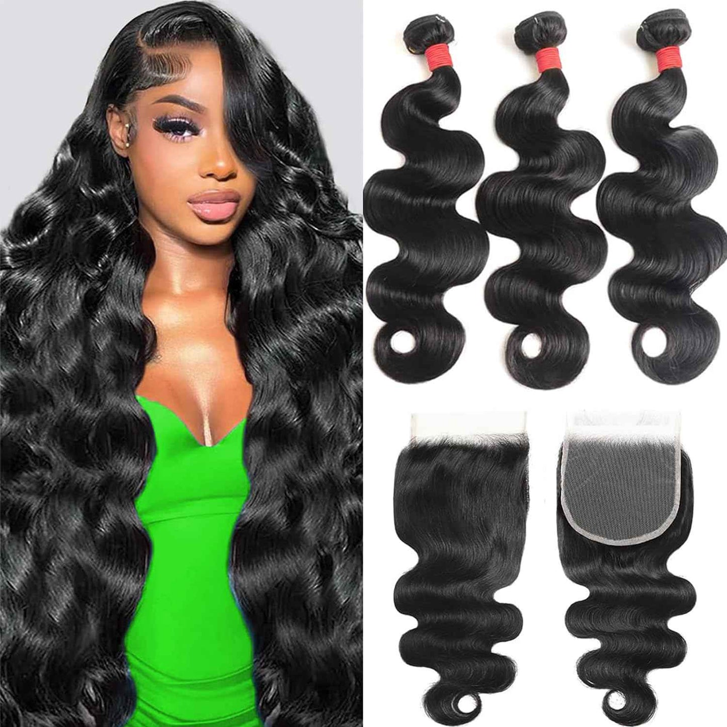 Human Hair Bundles with Closure 12A Body Wave Bundles Human Hair With Closure 100% Unprocessed Brazilian Virgin Raw Hair Bundles Extensions Double Weft (20 22 24 +18)