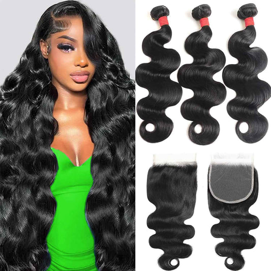 Human Hair Bundles with Closure 12A Body Wave Bundles Human Hair With Closure 100% Unprocessed Brazilian Virgin Raw Hair Bundles Extensions Double Weft (20 22 24 +18)