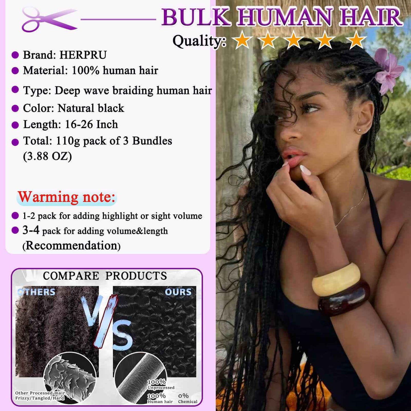 26 Inch Deep Wave Human Braiding Hair for Boho Braids Human Hair Curly Unprocessed Brazilian Virgin human boho braiding hair Extensions 3 Braids/Pack 110g Boho Hair for Braiding No Weft Natural Color