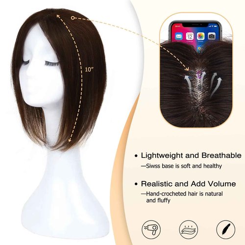 POWERASIA Large Coverage 5.1x5.9inch Hair Toppers for Women Real Human Hair No Bangs Swiss Base Wig Topper Womens Hair Topper for Thinning Hair 150% Density Remy Hair Wiglets #2