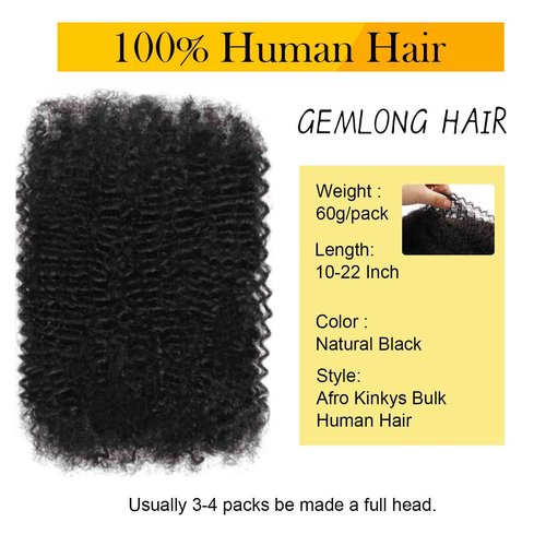 Afro Kinkys Bulk Human Hair 20Inch 60g/pack 100% Natural Black Human Hair For Making Micro Locs, Twists, Braids, Dreadlocks Extensions, Locs Repair, Crochet Braiding Hair