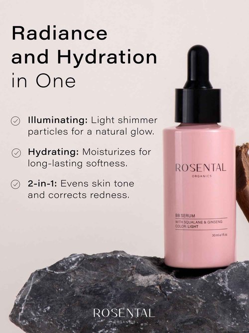 Rosental Organics BB Serum with Squalane & Ginseng – Hydrating Tinted Serum for Face, Anti-Aging Lightweight Skin Tint Moisturizer, Natural Makeup with Glow, Light Coverage Foundation, Medium