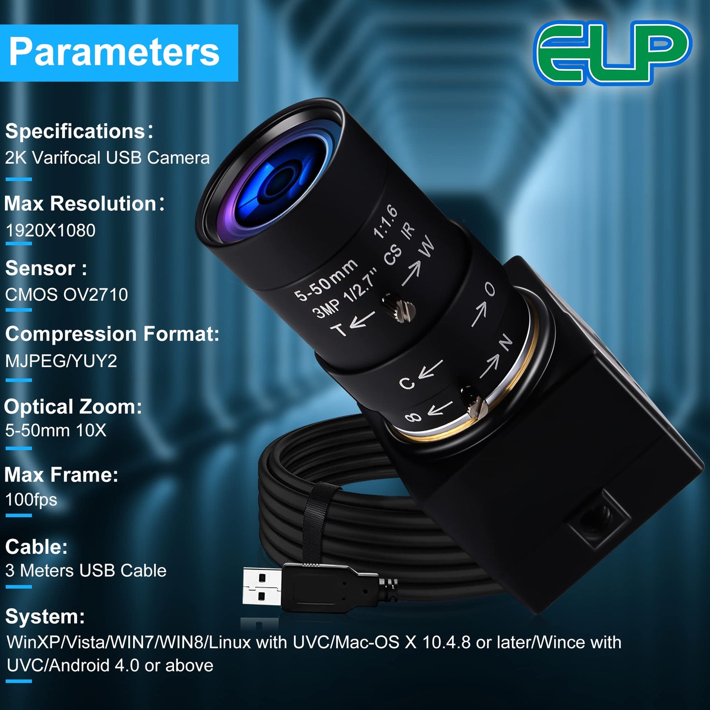 1080P USB Camera Manual Zoom Webcam for Computer 5-50mm Varifocal Lens USB with Camera Mini UVC USB2.0 Variable Focus PC Camera for Laptop High Speed 100fps 60fps CCTV Industrial Close-up Camera
