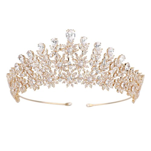 Luxury Gold Bridal Tiara CZ Prom Pageant Homecoming Quinceanera Crown Princess Floral Headpieces Women Hair Accessories Cubic Zirconia