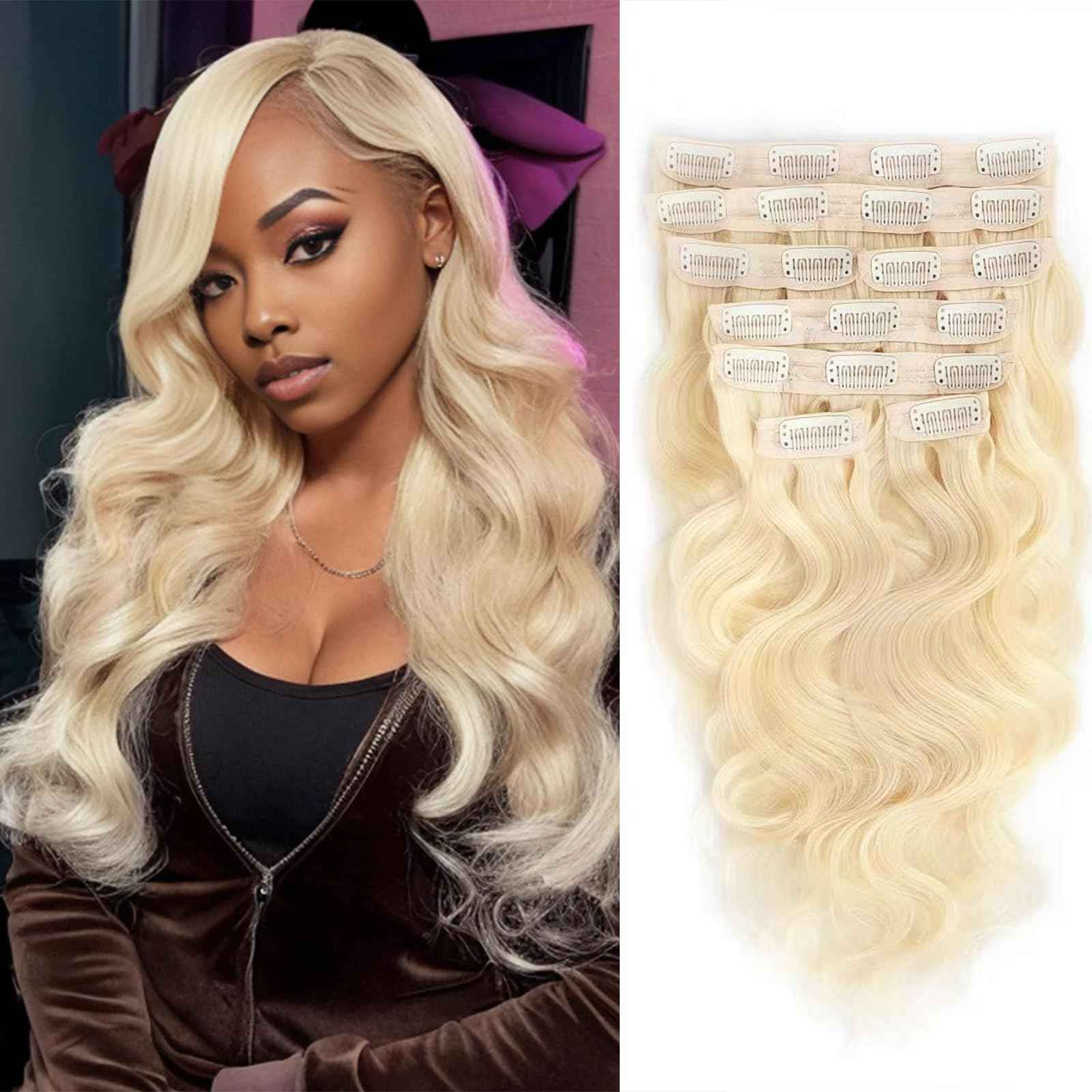 28 Inch Blonde Clip in Extensions 8Pcs 110g Clip in Hair Extensions Real Human Hair Body Wave 613 Blonde Clip ins Brazilian Remy Human Hair Extensions for Women Double Weft
