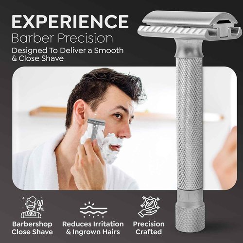 Parker THE VARIANT CLOSED COMB - ADJUSTABLE Double Edge Safety Razor, Customize your Shave with a Turn of the Dial from Mild to Aggressive - 5 Blades Included (SATIN CHROME)