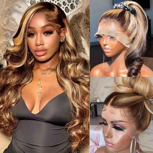 Atilck 360 Lace Front Wigs Human Hair Full Lace Human hair Wigs Ombre Lace Frontal 180 Density 4/27 Colored Honey Blonde 360 HD Transparent Wigs for Black Women (20 Inch)