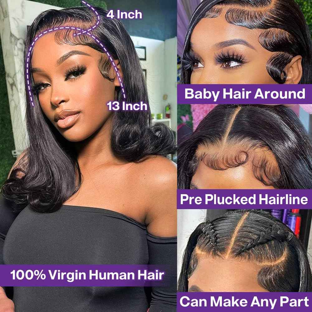 HIRIREMY Bob Wig Human Hair 13x4 HD Lace Frontal Short Straight Lace Front Bob Wigs for Black Women Human Hair Pre Plucked Glueless Side Part 180% Density Black Color 16 Inch
