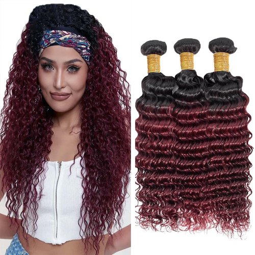 GLSMOSNW Ombre Burgundy Human Hair Bundles Black And Wine Red 1B/99j Deep Wave Bundles 18 20 22 Inch Unprocessed Brazilian Virgin Hair Extensions Burgundy Ombre Deep Wave Bundle