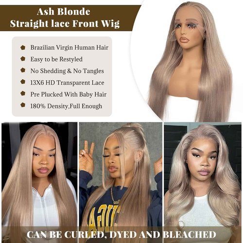 Belaved 16 Inch Ash Blonde Wigs Human Hair Straight 13x6 HD Transparent Lace Front Wigs for Black Women 180% Density Glueless Balayage Blonde Remy Human Hair Wigs with Baby Hair Pre Plucked Hairline