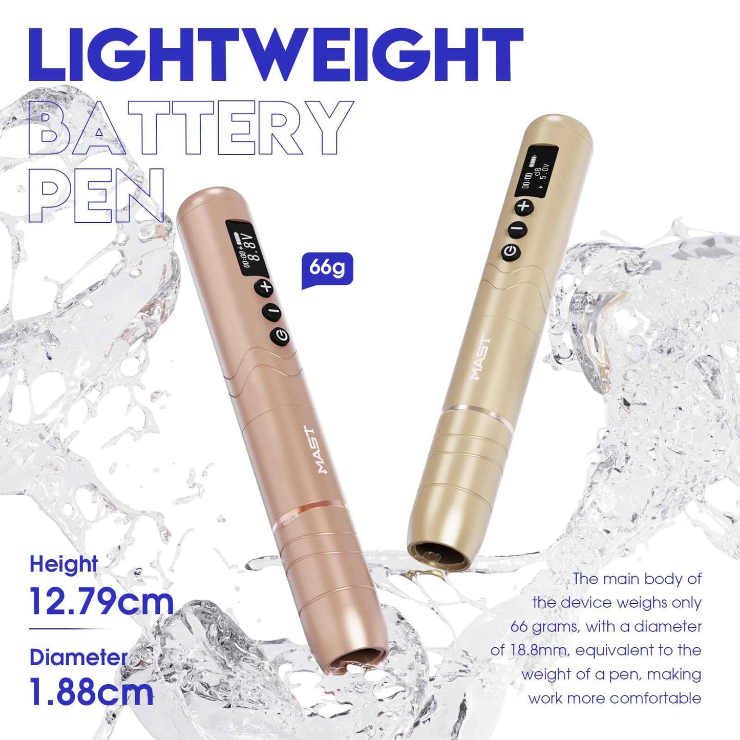 Mast Nano2 Tattoo Gun Cordless Tattoo Machine, 2 Batteries Power Supply, Super Light 66g, 1100mAh for 4 Hours (Champagne Gold)