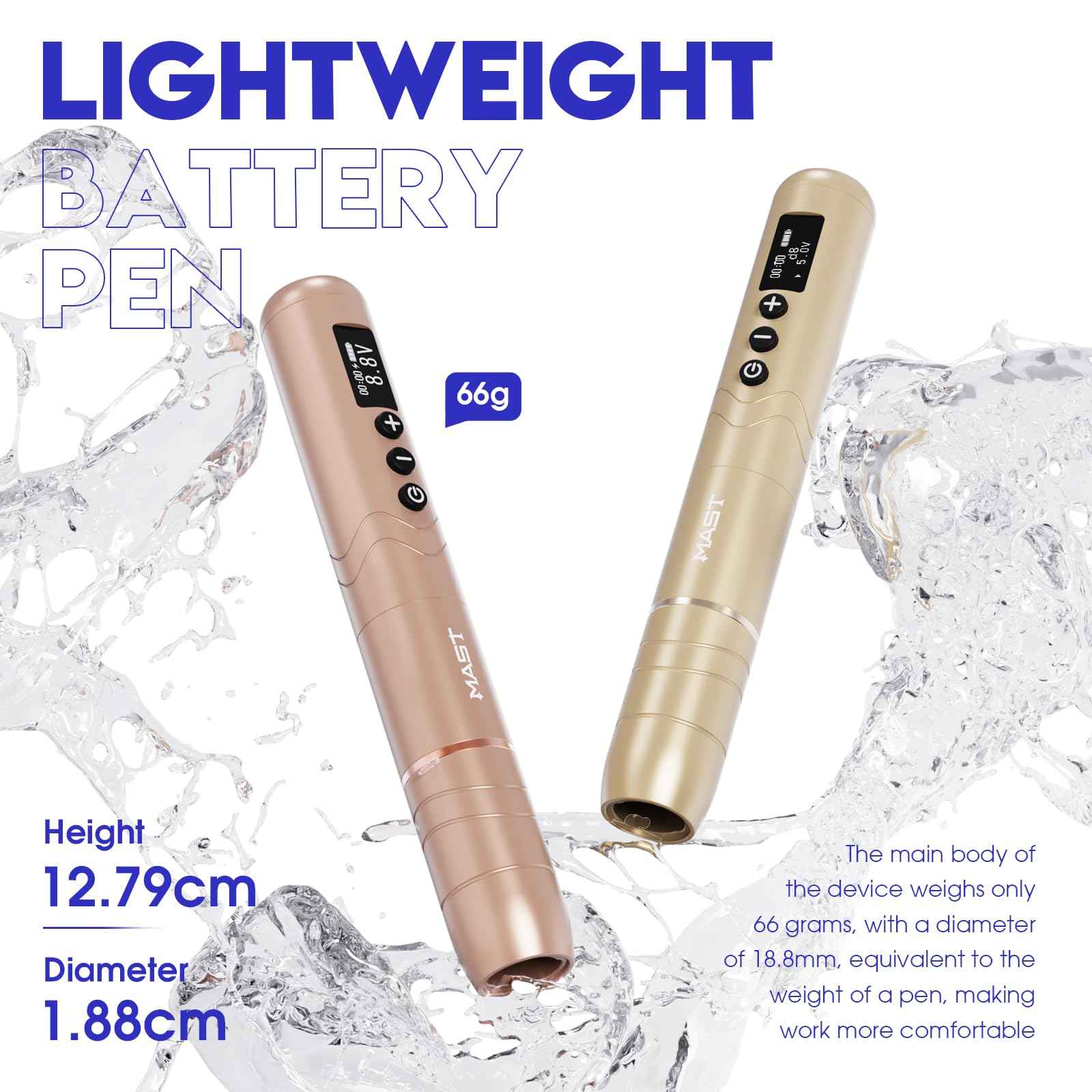 Mast Nano2 Tattoo Gun Cordless Tattoo Machine, 2 Batteries Power Supply, Super Light 66g, 1100mAh for 4 Hours (Champagne Gold)