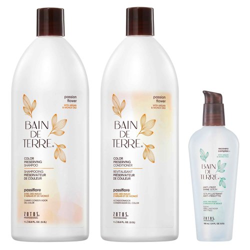 Bain de Terre Color Preserving Shampoo and Conditioner Set & Shine Serum | Passion Flower | Protects & Maintains Color-Treated Hair | Paraben Free | Color-Safe | 33.8 Fl Oz