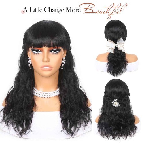 Lady Hanne Human Hair Wigs Natural Wave Human Hair Wig with Bangs for Black Women 18 inches None Lace Front Wear and Go Glueless Human Hair Wig