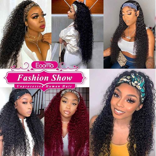 Eooma Glueless Wigs Human Hair Curly Headband Wig for Black Women (20 inch) Brazilian Remy Hair Curly None Lace Front Wigs Human Hair Scarf No Gel Wigs