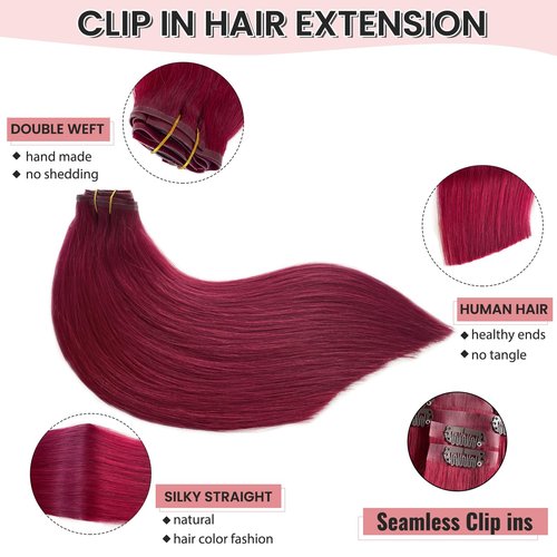 Hair Extensions Burgundy Clip in Hair Extension Real Human Hair Clip on Hair Extensions for Women 22 Inch 100G 7 Pcs